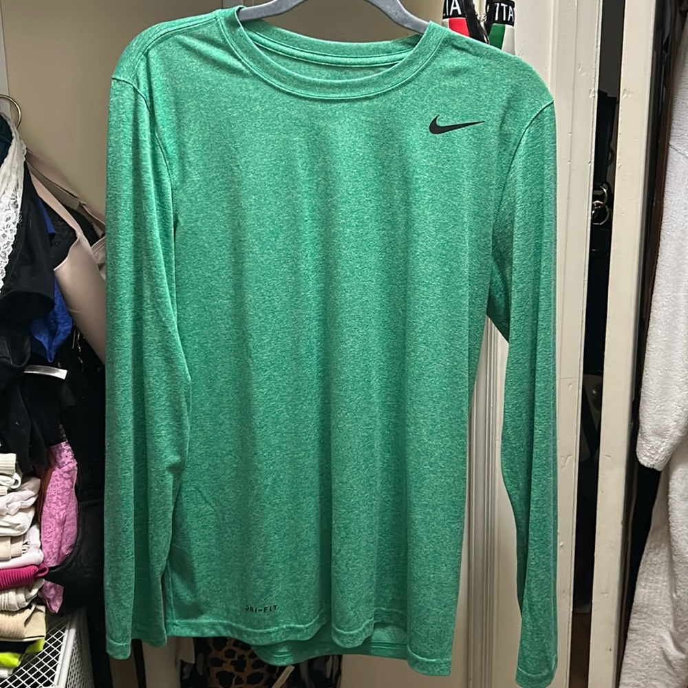 Nike Dri fit long sleeve green shirt with Black Nike Swoosh Logo